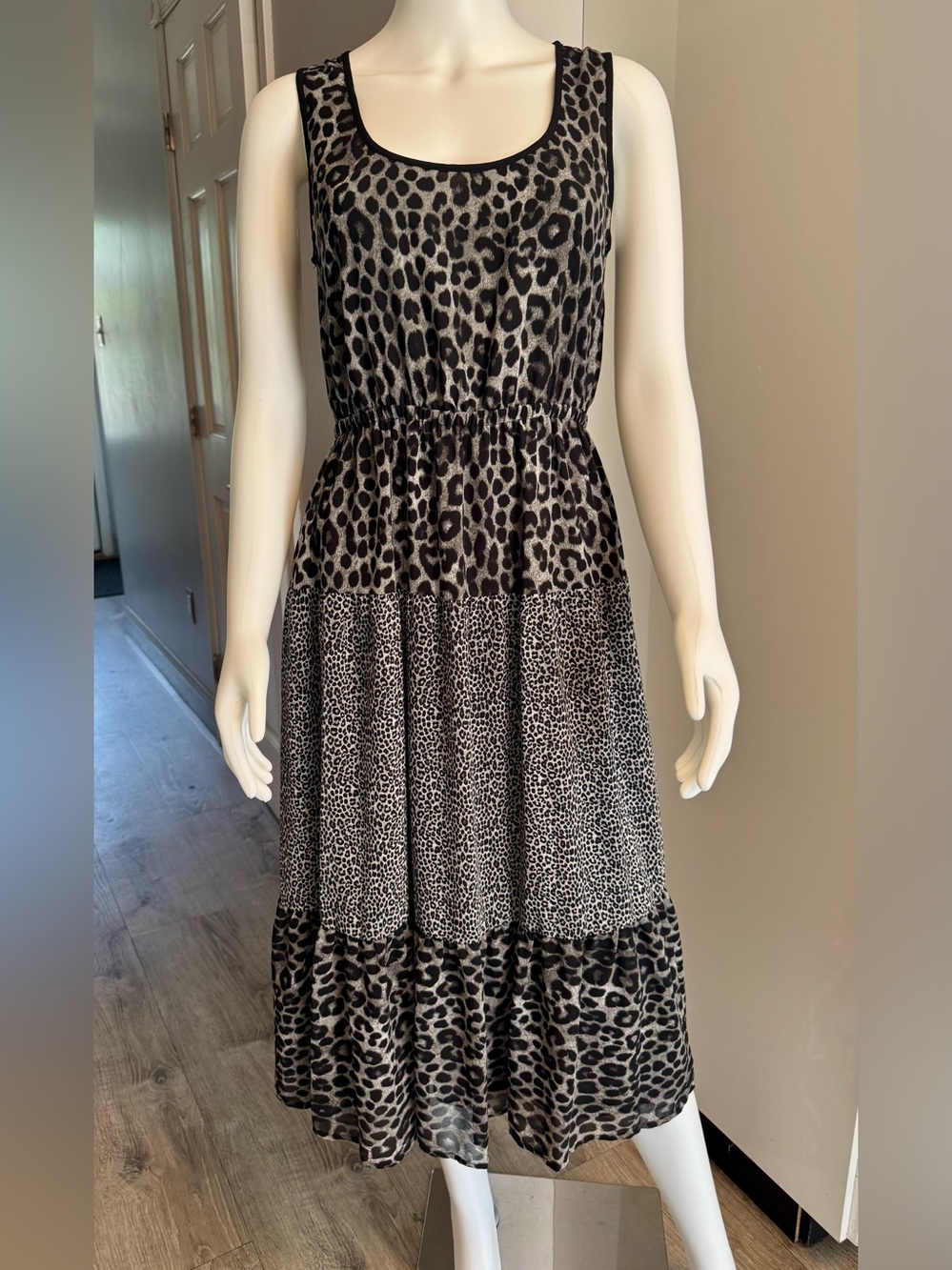 Michael Kors Black & Gray Leopard Print Tiered Midi Dress